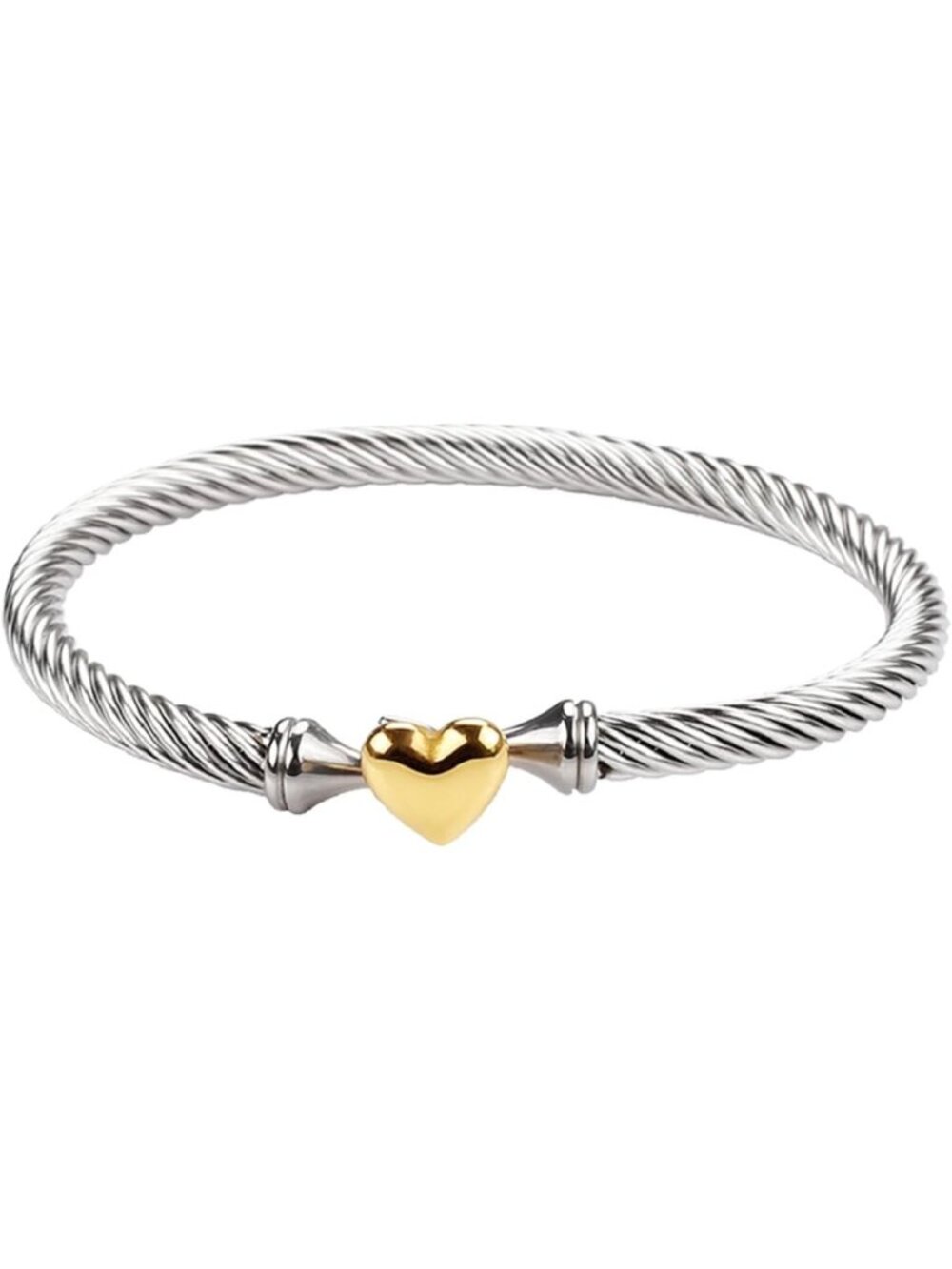 Adjustable 14K Gold Plated Love Heart Charm Bracelet - Unisex Open Bangle Cuff